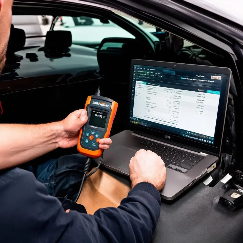 Diag Elite II Pro J2534 OBD scanner plugged into a car's OBD-II port, with a mechanic using a laptop to diagnose car problems.